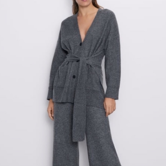 Zara Alpaca Blend Gray Cardigan Knit Sweater Belt Tie Slit Soft Cozy Size S - Picture 2 of 16